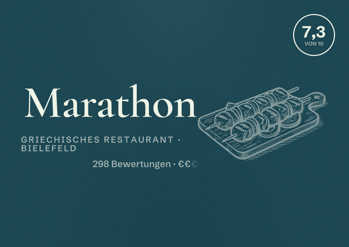 Illustriertes Poster von Marathon, Griechisches Restaurant in Bielefeld: Bewertung 7,3 von 10 aus 298 Bewertungen, Preisniveau €€