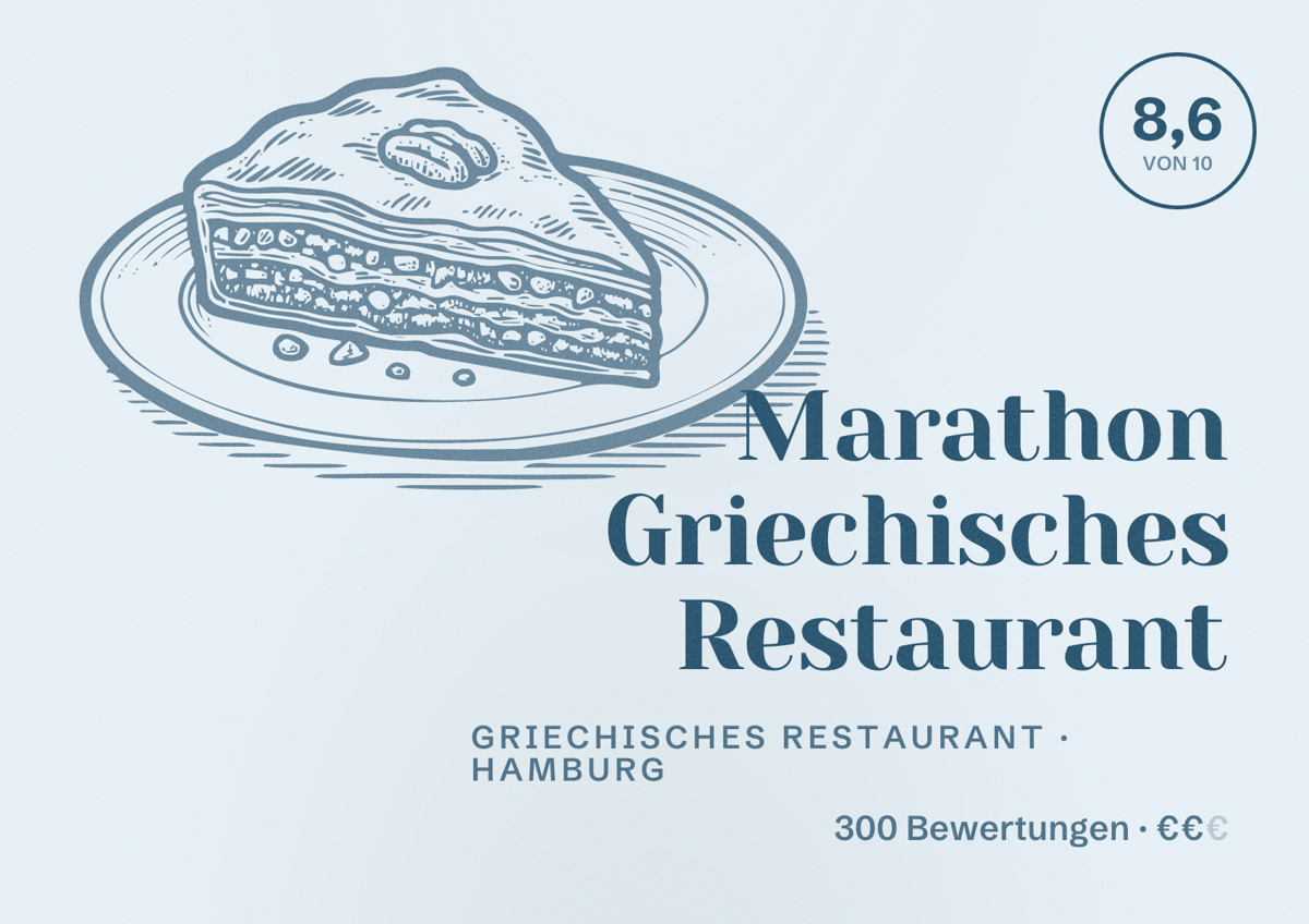 Illustriertes Poster von Marathon Griechisches Restaurant, Griechisches Restaurant in Hamburg: Bewertung 8,6 von 10 aus 300 Bewertungen, Preisniveau €€