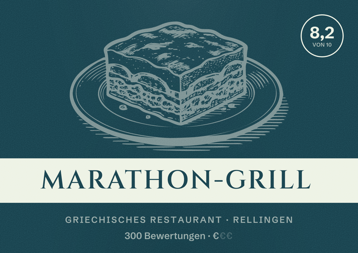 Illustriertes Poster von Marathon-Grill, Griechisches Restaurant in Rellingen: Bewertung 8,2 von 10 aus 300 Bewertungen, Preisniveau €