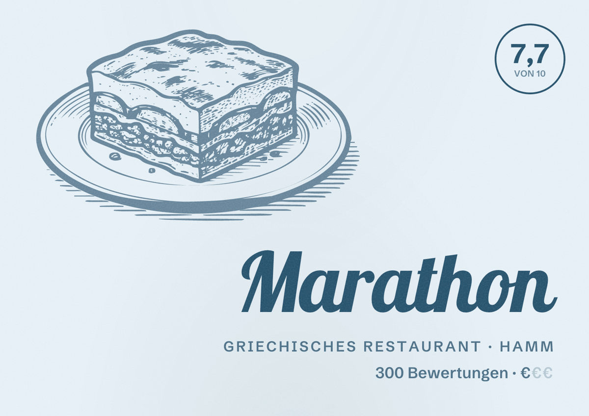Illustriertes Poster von Marathon, Griechisches Restaurant in Hamm: Bewertung 7,7 von 10 aus 300 Bewertungen, Preisniveau €