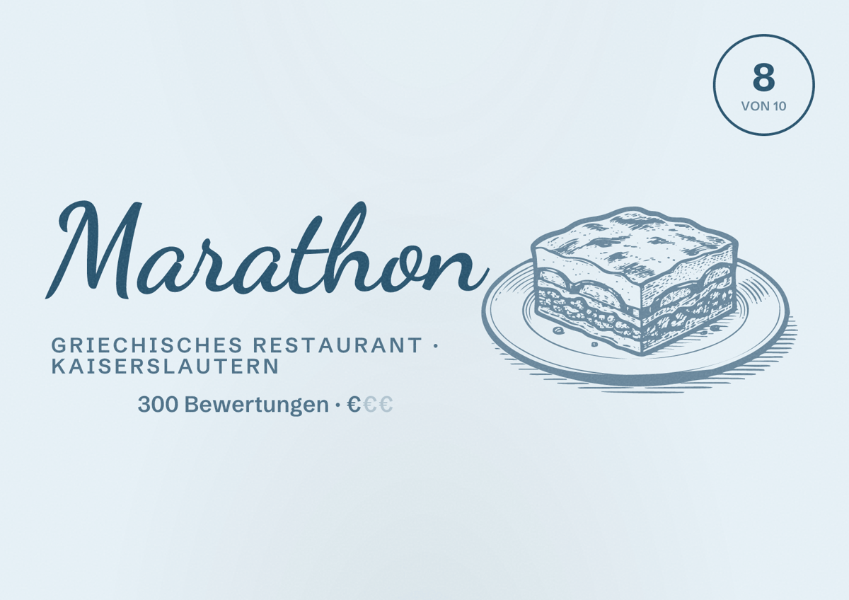 Illustriertes Poster von Marathon, Griechisches Restaurant in Kaiserslautern: Bewertung 8 von 10 aus 300 Bewertungen, Preisniveau €