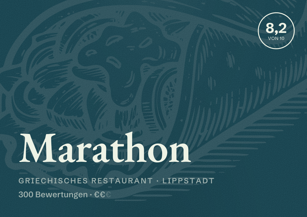 Illustriertes Poster von Marathon, Griechisches Restaurant in Lippstadt: Bewertung 8,2 von 10 aus 300 Bewertungen, Preisniveau €€