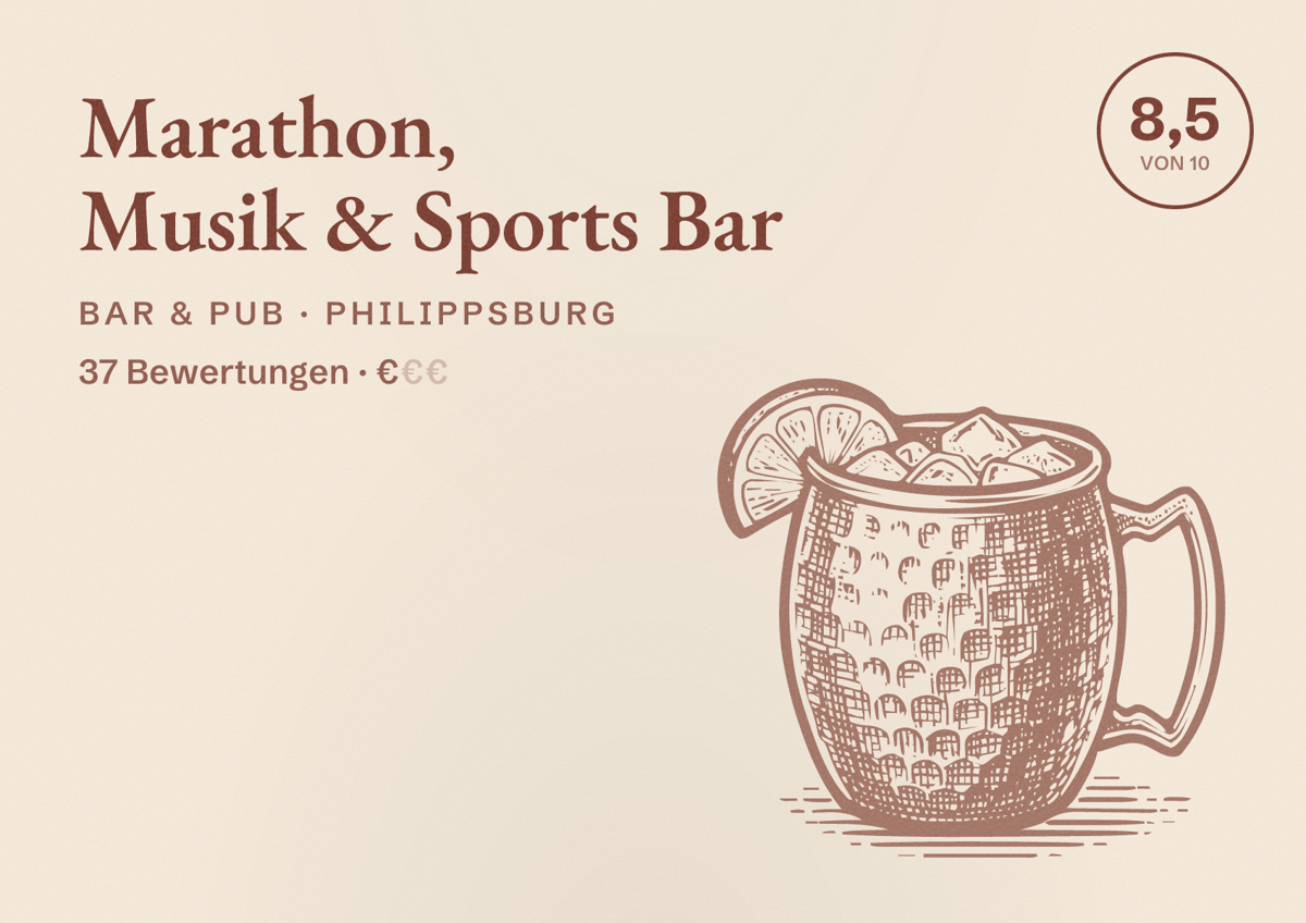 Illustriertes Poster von Marathon, Musik & Sports Bar, Bar & Pub in Philippsburg: Bewertung 8,5 von 10 aus 37 Bewertungen, Preisniveau €