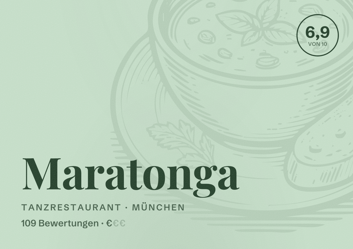 Illustriertes Poster von Maratonga, Tanzrestaurant in München: Bewertung 6,9 von 10 aus 109 Bewertungen, Preisniveau €