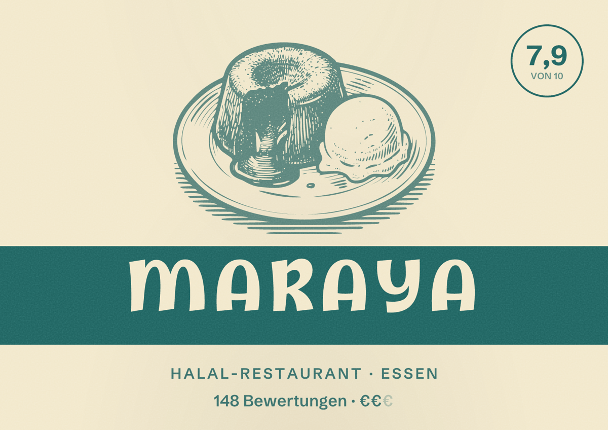 Illustriertes Poster von Maraya, Halal-Restaurant in Essen: Bewertung 7,9 von 10 aus 148 Bewertungen, Preisniveau €€