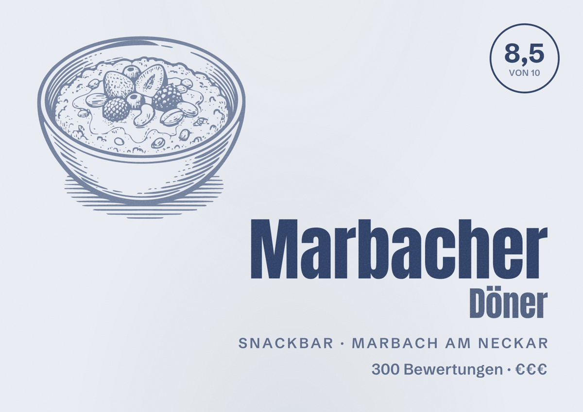 Illustriertes Poster von Marbacher Döner, Snackbar in Marbach am Neckar: Bewertung 8,5 von 10 aus 300 Bewertungen, Preisniveau €€€