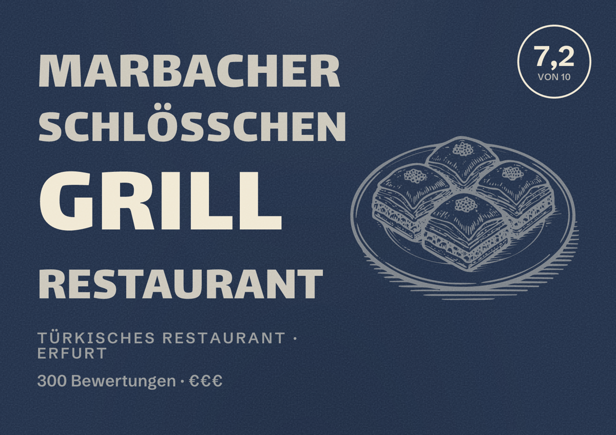 Illustriertes Poster von Marbacher Schlößchen Grill Restaurant, Türkisches Restaurant in Erfurt: Bewertung 7,2 von 10 aus 300 Bewertungen, Preisniveau €€€