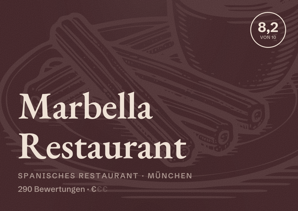 Illustriertes Poster von Marbella Restaurant, Spanisches Restaurant in München: Bewertung 8,2 von 10 aus 290 Bewertungen, Preisniveau €