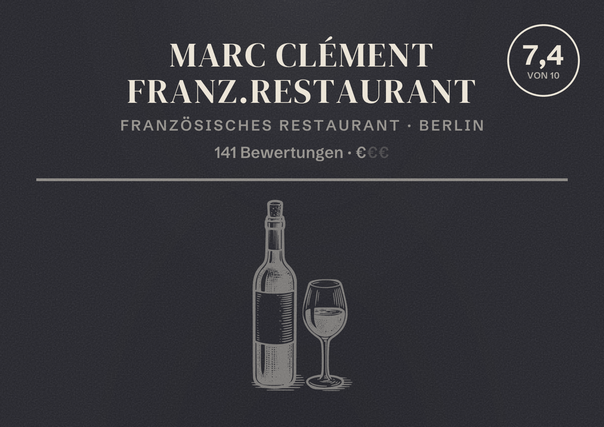 Illustriertes Poster von Marc Clément franz.Restaurant, Französisches Restaurant in Berlin: Bewertung 7,4 von 10 aus 141 Bewertungen, Preisniveau €