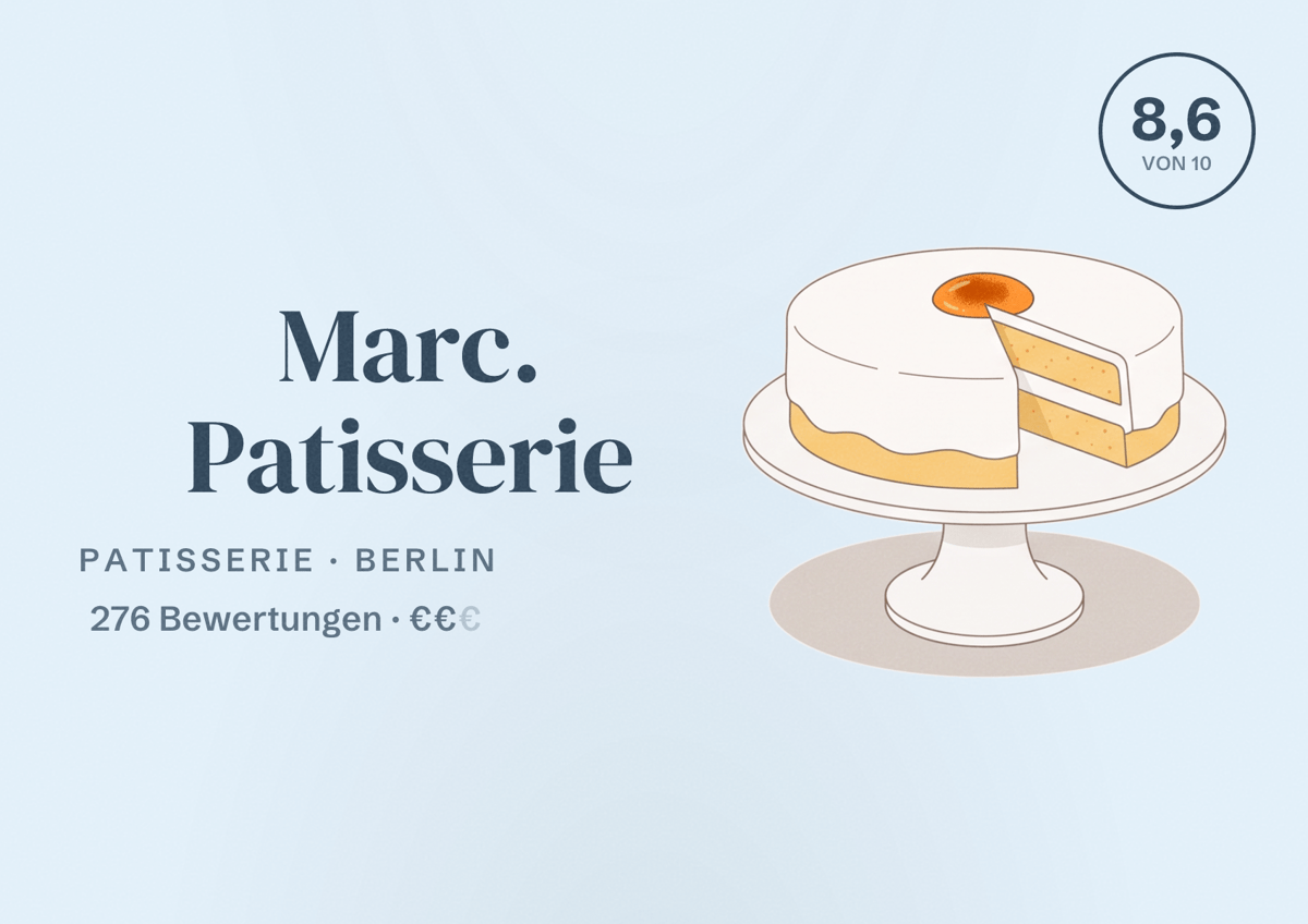 Illustriertes Poster von Marc. Patisserie, Patisserie in Berlin: Bewertung 8,6 von 10 aus 276 Bewertungen, Preisniveau €€