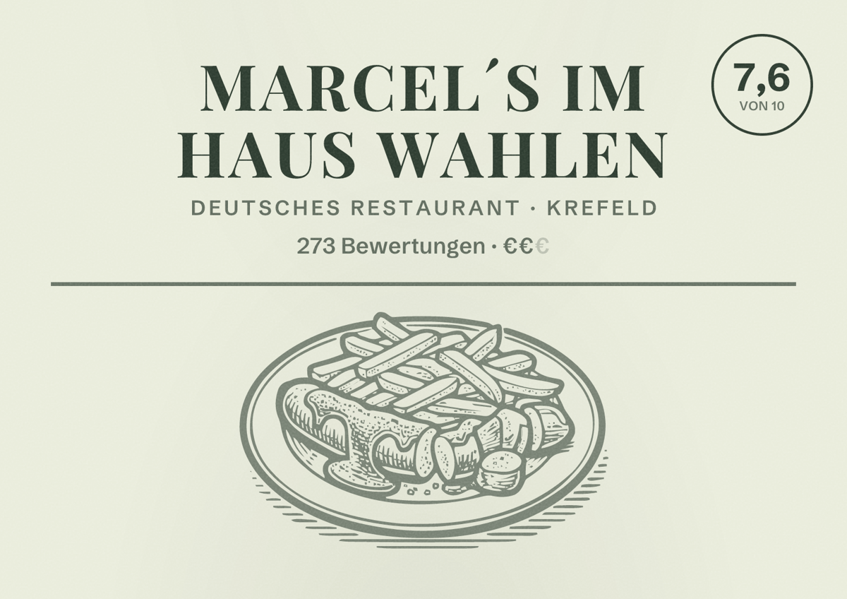 Illustriertes Poster von Marcel´s im Haus Wahlen, Deutsches Restaurant in Krefeld: Bewertung 7,6 von 10 aus 273 Bewertungen, Preisniveau €€