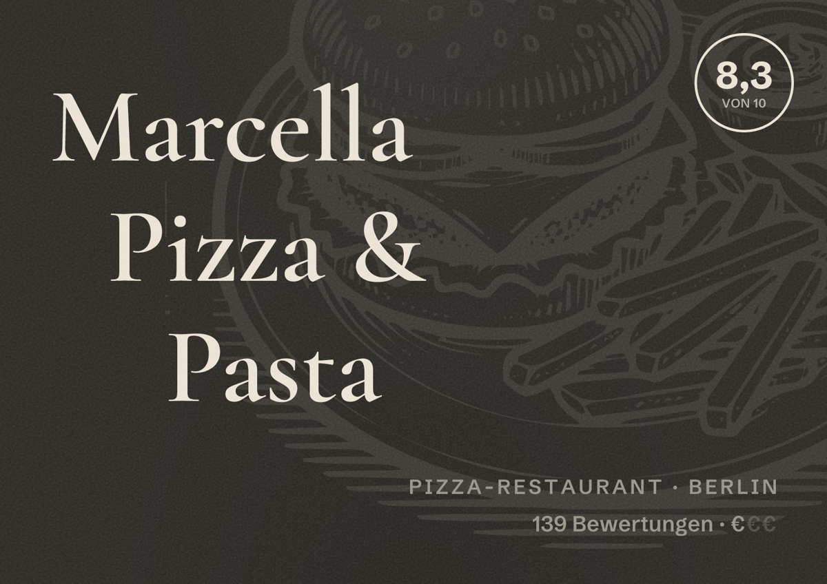 Illustriertes Poster von Marcella Pizza & Pasta, Pizza-Restaurant in Berlin: Bewertung 8,3 von 10 aus 139 Bewertungen, Preisniveau €