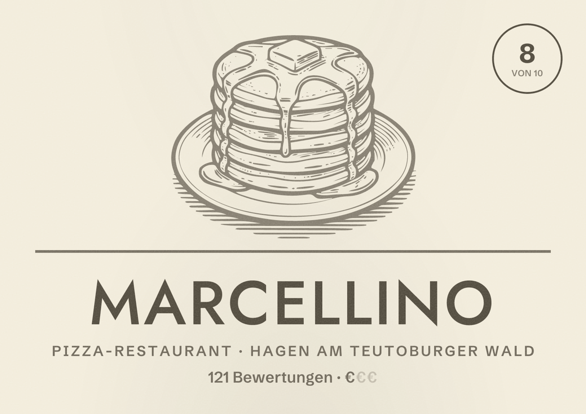 Illustriertes Poster von Marcellino, Pizza-Restaurant in Hagen am Teutoburger Wald: Bewertung 8 von 10 aus 121 Bewertungen, Preisniveau €