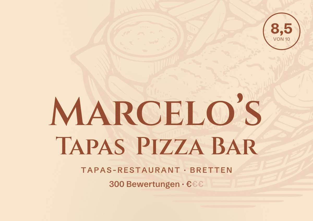Illustriertes Poster von Marcelo’s Tapas Pizza Bar, Tapas-Restaurant in Bretten: Bewertung 8,5 von 10 aus 300 Bewertungen, Preisniveau €