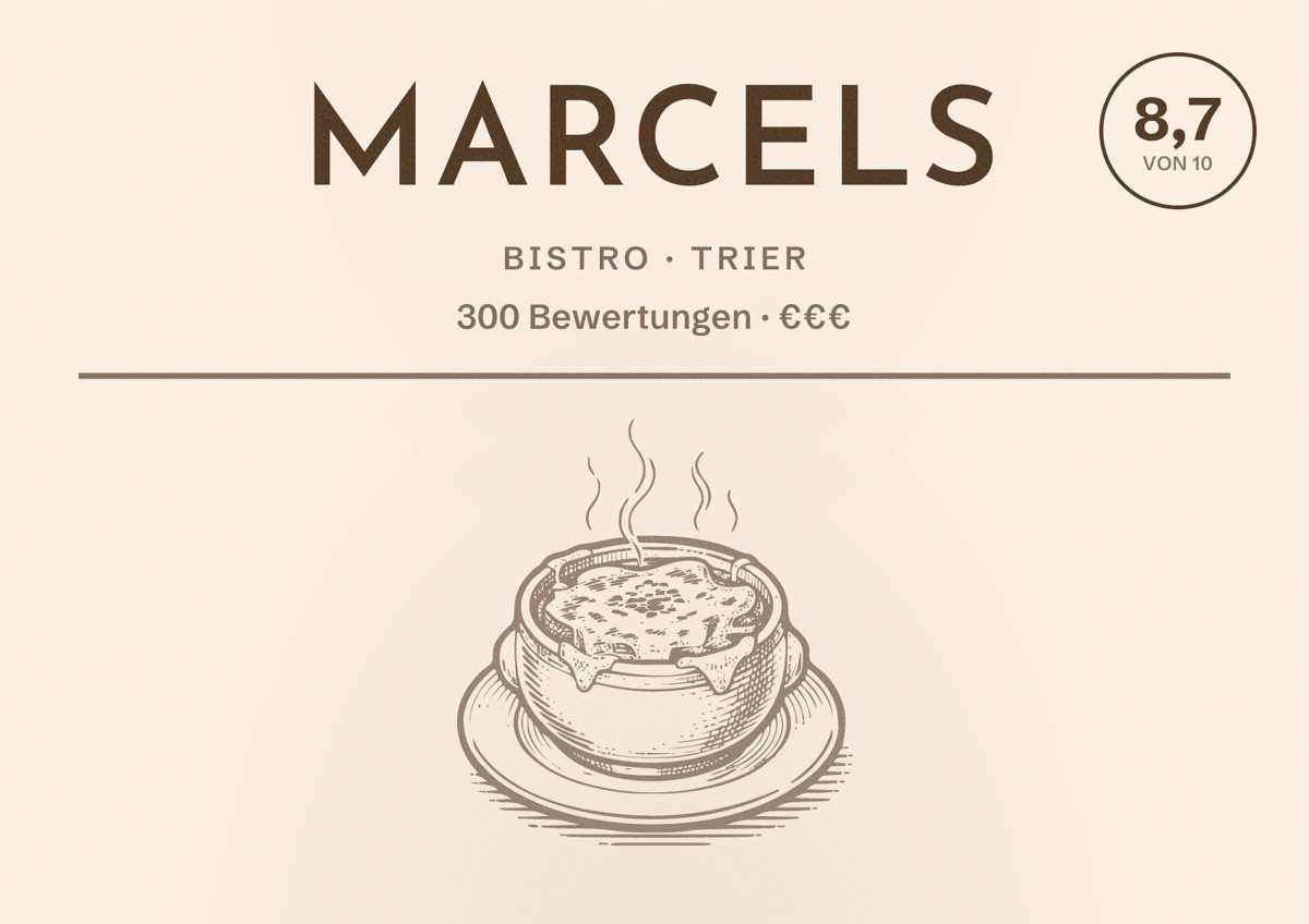 Illustriertes Poster von Marcels, Bistro in Trier: Bewertung 8,7 von 10 aus 300 Bewertungen, Preisniveau €€€