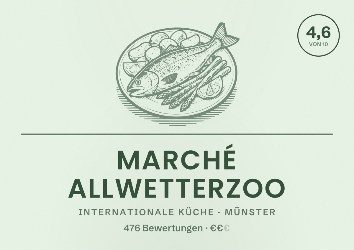 Illustriertes Poster von Marché Allwetterzoo, Internationale Küche in Münster: Gästebewertung 4,6 von 10 aus 476 Bewertungen