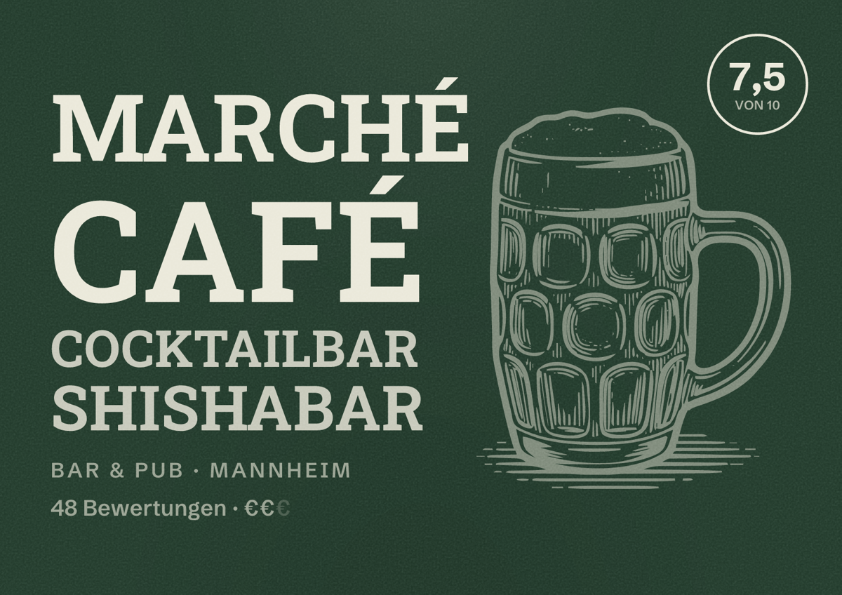 Illustriertes Poster von Marché Café Cocktailbar Shishabar, Bar & Pub in Mannheim: Bewertung 7,5 von 10 aus 48 Bewertungen, Preisniveau €€
