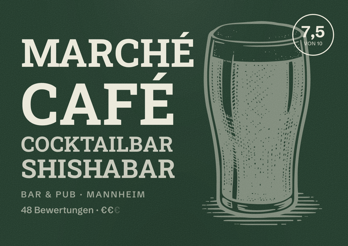 Illustriertes Poster von Marché Café Cocktailbar Shishabar, Bar & Pub in Mannheim: Bewertung 7,5 von 10 aus 48 Bewertungen, Preisniveau €€