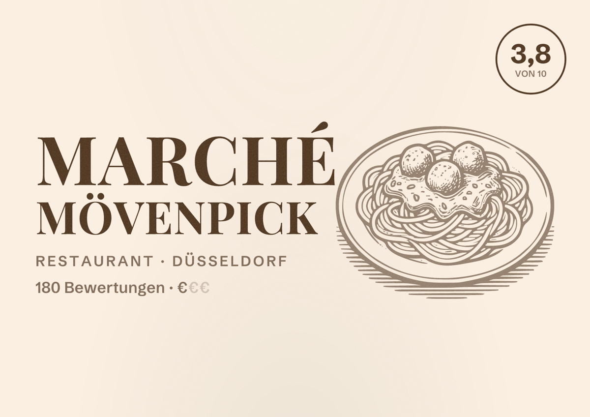 Illustriertes Poster von Marché Mövenpick, Restaurant in Düsseldorf: Bewertung 3,8 von 10 aus 180 Bewertungen, Preisniveau €