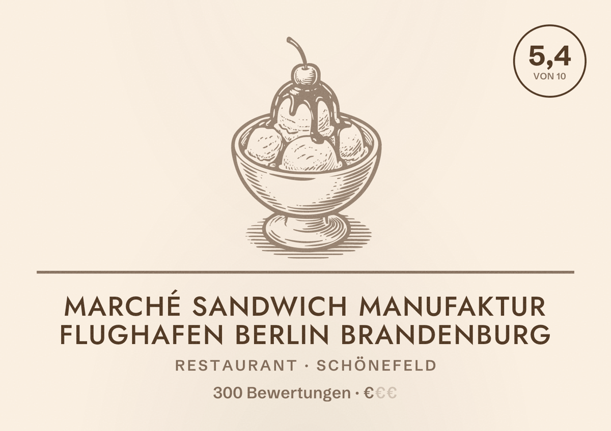 Illustriertes Poster von Marché Sandwich Manufaktur Flughafen Berlin Brandenburg, Restaurant in Schönefeld: Bewertung 5,4 von 10 aus 300 Bewertungen, Preisniveau €