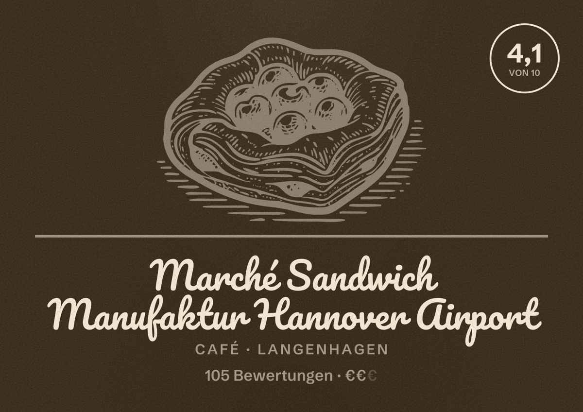 Illustriertes Poster von Marché Sandwich Manufaktur Hannover Airport, Café in Langenhagen: Bewertung 4,1 von 10 aus 105 Bewertungen, Preisniveau €€