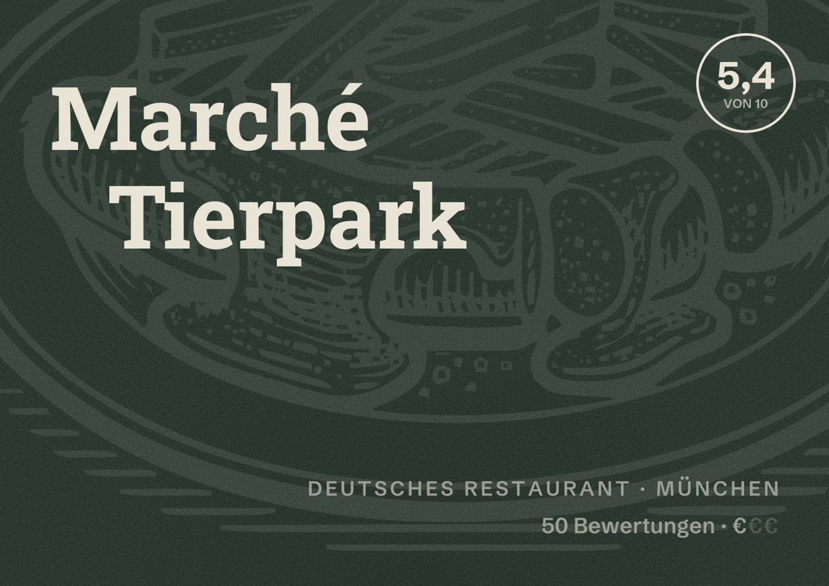 Illustriertes Poster von Marché Tierpark, Deutsches Restaurant in München: Bewertung 5,4 von 10 aus 50 Bewertungen, Preisniveau €