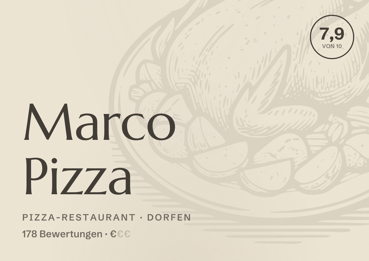 Illustriertes Poster von Marco Pizza, Pizza-Restaurant in Dorfen: Bewertung 7,9 von 10 aus 178 Bewertungen, Preisniveau €