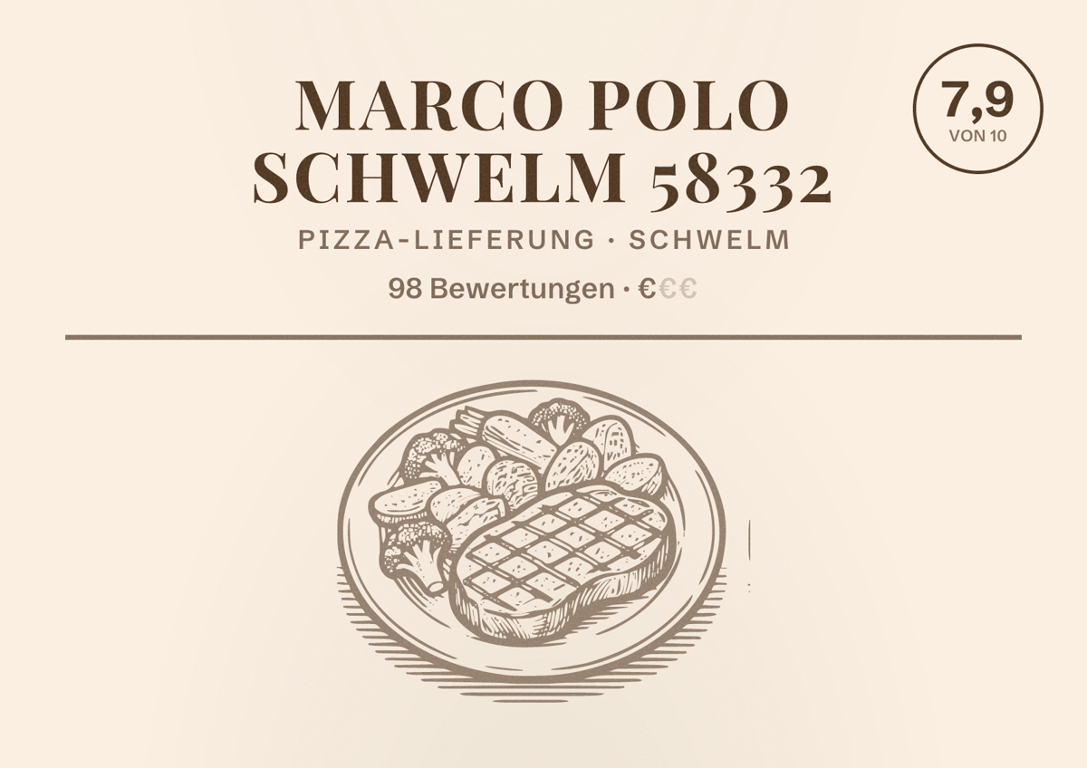 Illustriertes Poster von Marco Polo Schwelm 58332, Pizza-Lieferung in Schwelm: Bewertung 7,9 von 10 aus 98 Bewertungen, Preisniveau €