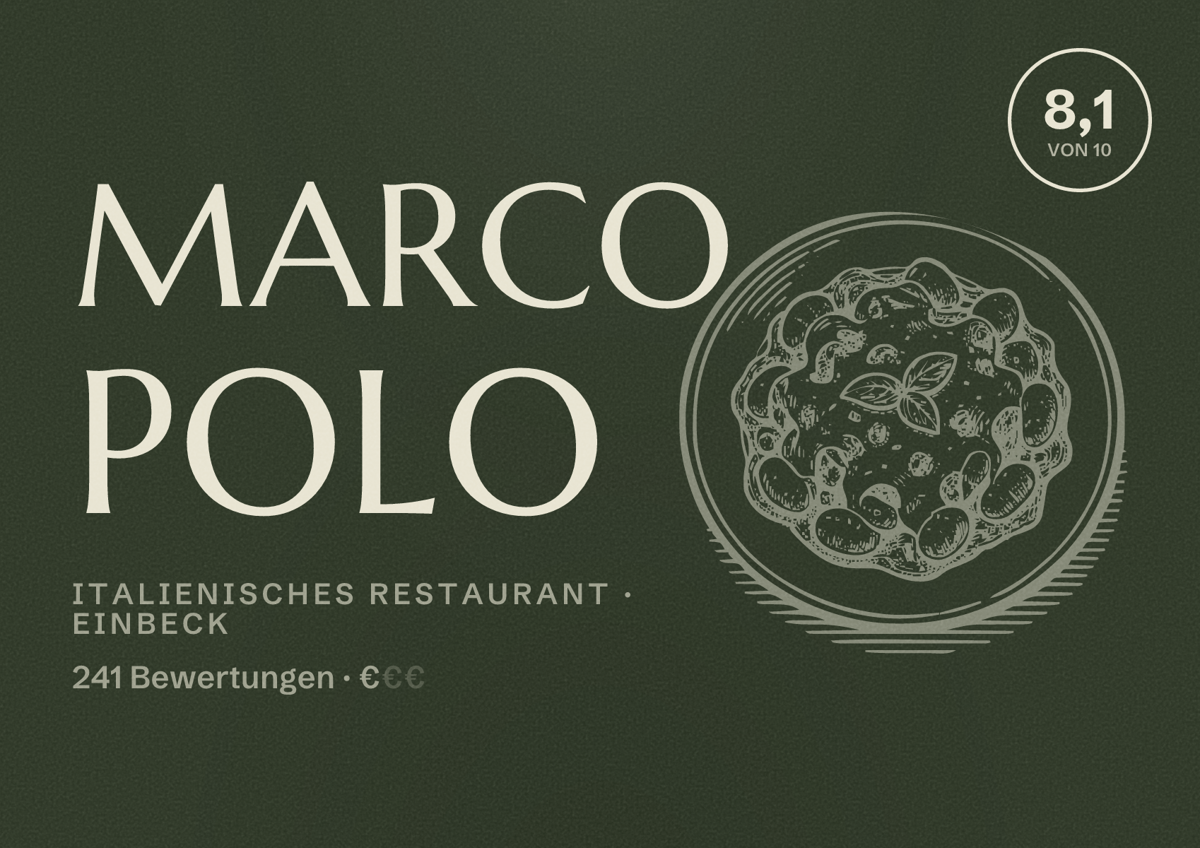Illustriertes Poster von Marco Polo, Italienisches Restaurant in Einbeck: Bewertung 8,1 von 10 aus 241 Bewertungen, Preisniveau €