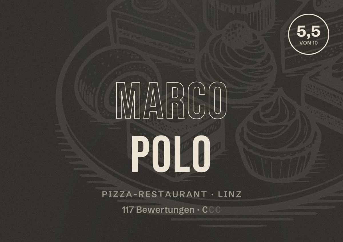 Illustriertes Poster von Marco Polo, Pizza-Restaurant in Linz: Bewertung 5,5 von 10 aus 117 Bewertungen, Preisniveau €