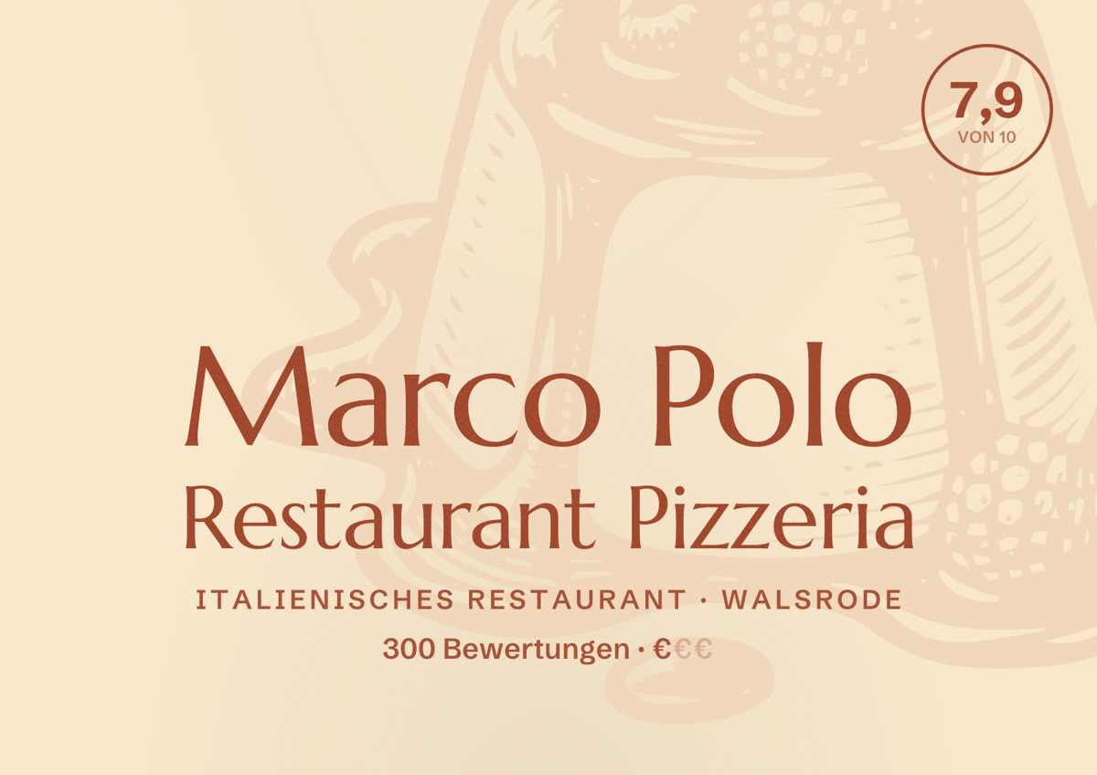Illustriertes Poster von Marco Polo Restaurant Pizzeria, Italienisches Restaurant in Walsrode: Bewertung 7,9 von 10 aus 300 Bewertungen, Preisniveau €