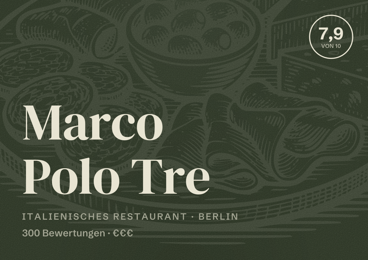 Illustriertes Poster von Marco Polo Tre, Italienisches Restaurant in Berlin: Bewertung 7,9 von 10 aus 300 Bewertungen, Preisniveau €€€