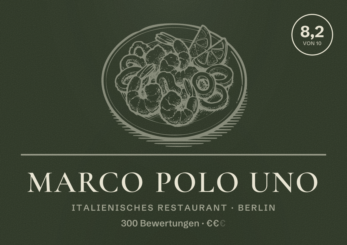 Illustriertes Poster von Marco Polo Uno, Italienisches Restaurant in Berlin: Bewertung 8,2 von 10 aus 300 Bewertungen, Preisniveau €€