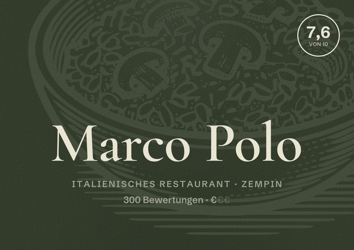 Illustriertes Poster von Marco Polo, Italienisches Restaurant in Zempin: Bewertung 7,6 von 10 aus 300 Bewertungen, Preisniveau €