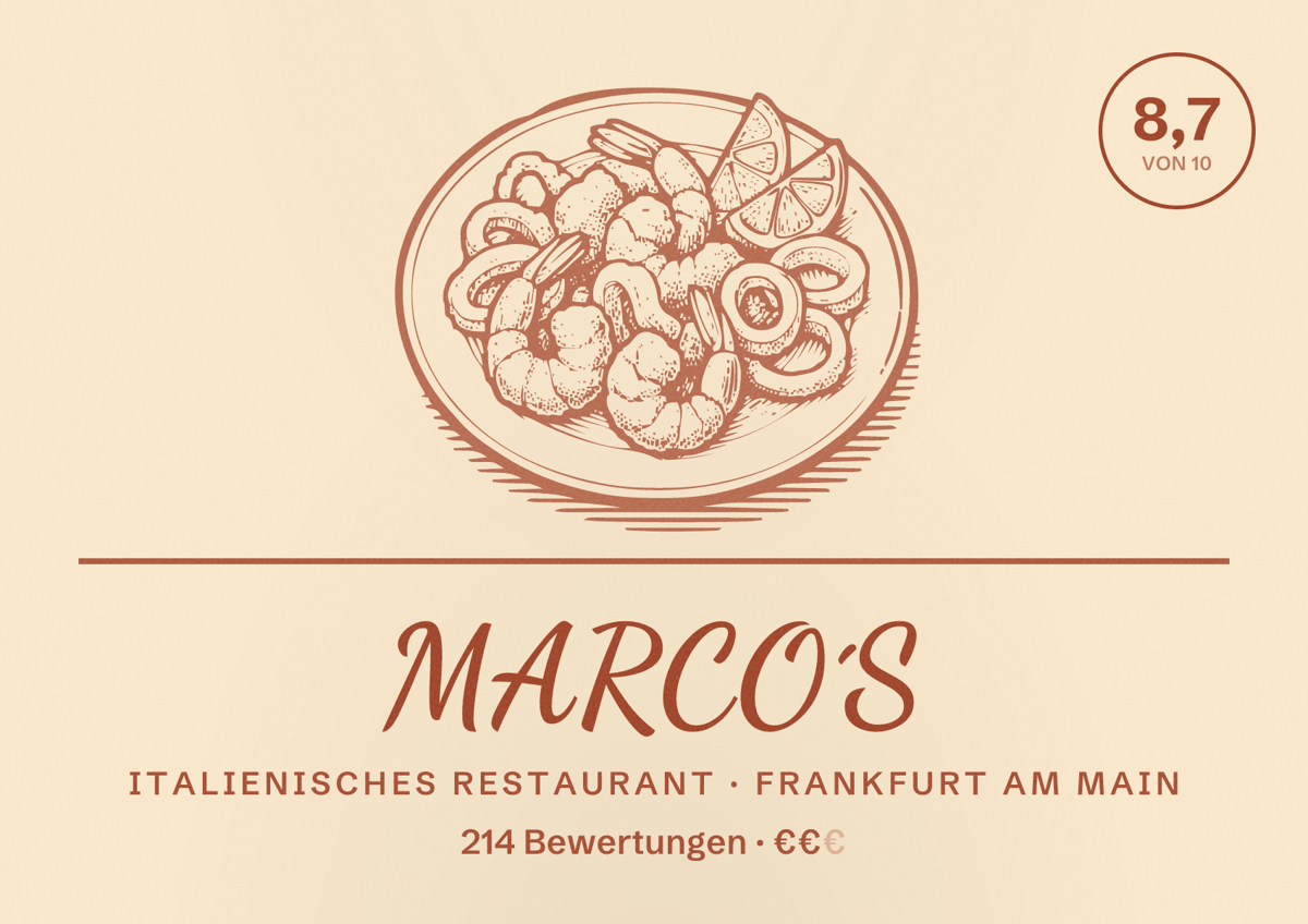 Illustriertes Poster von MARCO´S, Italienisches Restaurant in Frankfurt am Main: Bewertung 8,7 von 10 aus 214 Bewertungen, Preisniveau €€