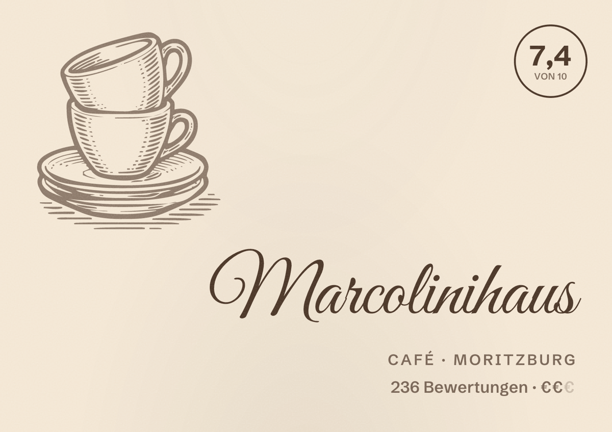 Illustriertes Poster von Marcolinihaus, Café in Moritzburg: Bewertung 7,4 von 10 aus 236 Bewertungen, Preisniveau €€