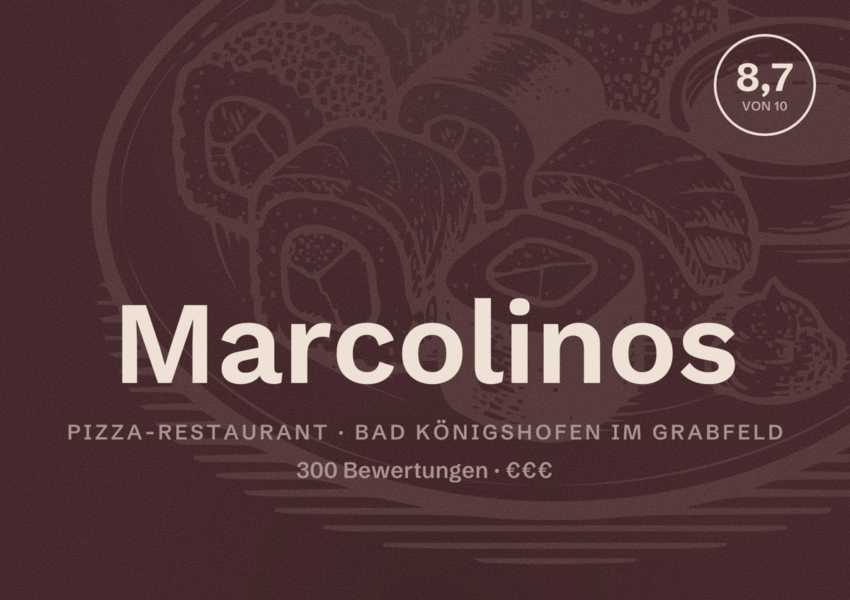 Illustriertes Poster von Marcolinos, Pizza-Restaurant in Bad Königshofen im Grabfeld: Bewertung 8,7 von 10 aus 300 Bewertungen, Preisniveau €€€