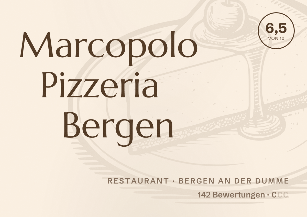Illustriertes Poster von Marcopolo Pizzeria Bergen, Restaurant in Bergen an der Dumme: Bewertung 6,5 von 10 aus 142 Bewertungen, Preisniveau €