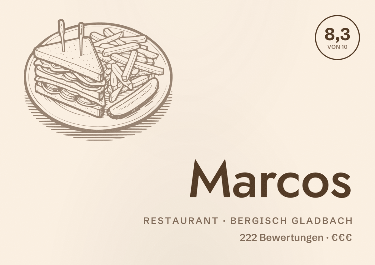 Illustriertes Poster von Marcos, Restaurant in Bergisch Gladbach: Bewertung 8,3 von 10 aus 222 Bewertungen, Preisniveau €€€