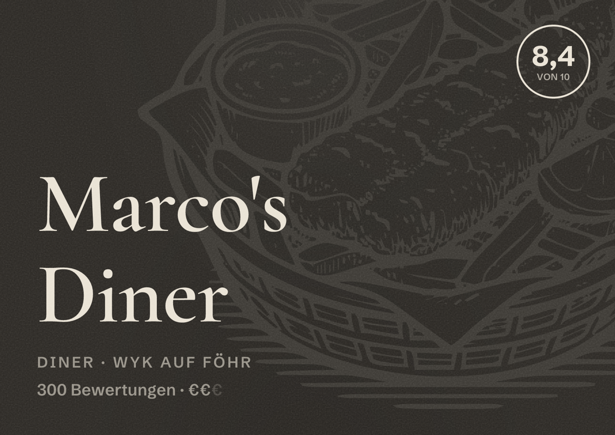 Illustriertes Poster von Marco's Diner, Diner in Wyk auf Föhr: Bewertung 8,4 von 10 aus 300 Bewertungen, Preisniveau €€