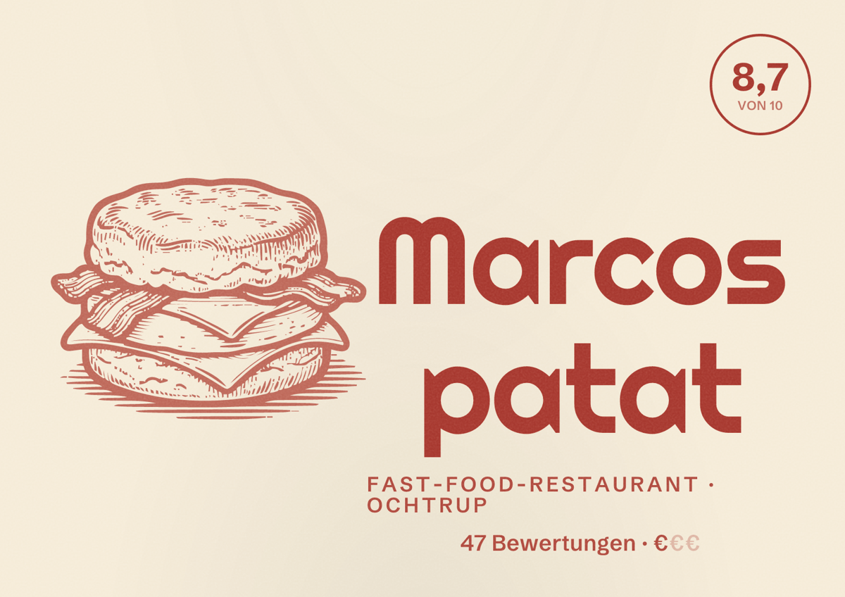 Illustriertes Poster von Marcos patat, Fast-Food-Restaurant in Ochtrup: Bewertung 8,7 von 10 aus 47 Bewertungen, Preisniveau €