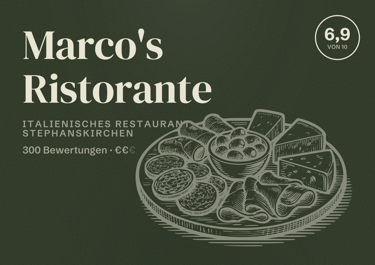 Illustriertes Poster von Marco's Ristorante, Italienisches Restaurant in Stephanskirchen: Bewertung 6,9 von 10 aus 300 Bewertungen, Preisniveau €€
