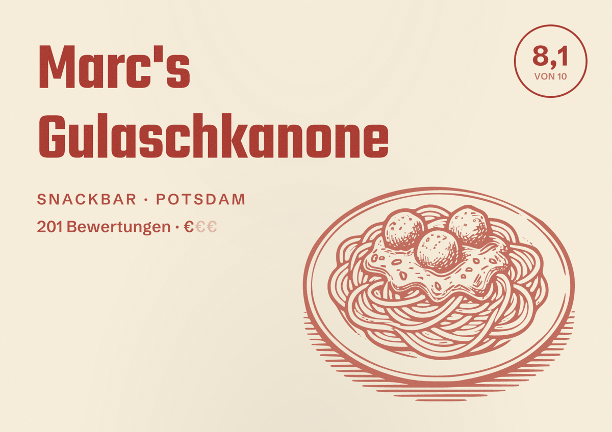 Illustriertes Poster von Marc's Gulaschkanone, Snackbar in Potsdam: Bewertung 8,1 von 10 aus 201 Bewertungen, Preisniveau €