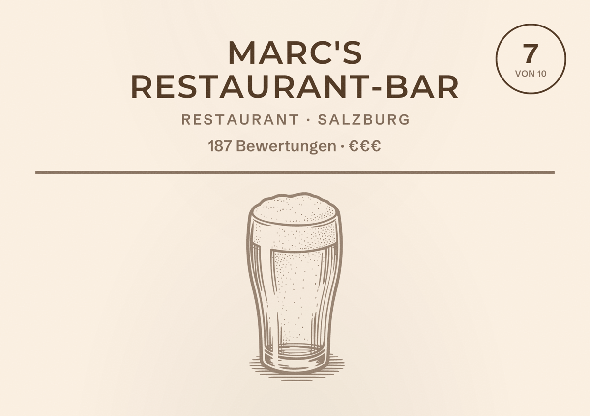 Illustriertes Poster von Marc's Restaurant-Bar, Restaurant in Salzburg: Bewertung 7 von 10 aus 187 Bewertungen, Preisniveau €€€