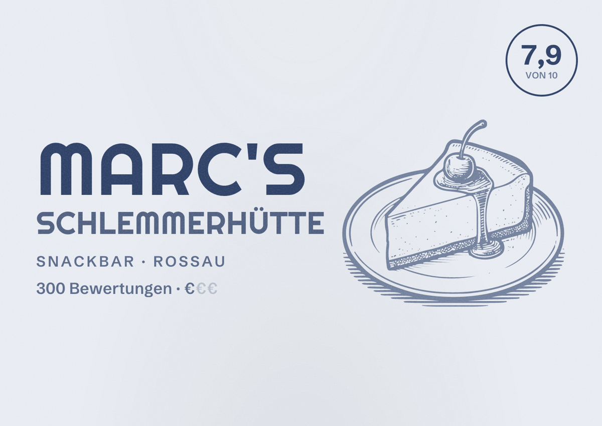 Illustriertes Poster von Marc's Schlemmerhütte, Snackbar in Rossau: Bewertung 7,9 von 10 aus 300 Bewertungen, Preisniveau €