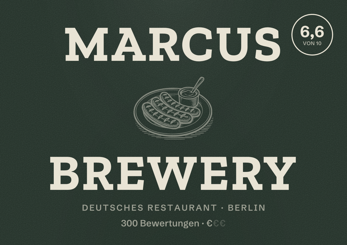 Illustriertes Poster von Marcus Brewery, Deutsches Restaurant in Berlin: Bewertung 6,6 von 10 aus 300 Bewertungen, Preisniveau €