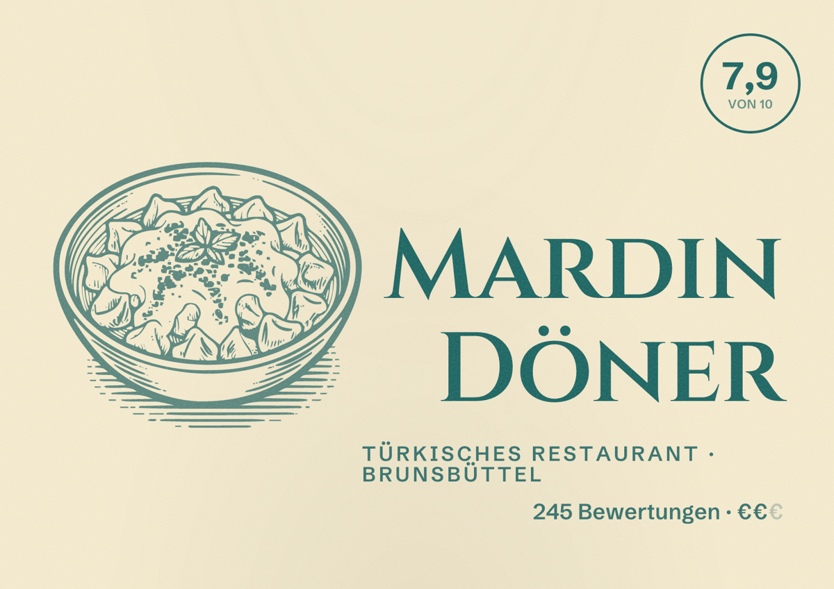 Illustriertes Poster von Mardin Döner, Türkisches Restaurant in Brunsbüttel: Bewertung 7,9 von 10 aus 245 Bewertungen, Preisniveau €€
