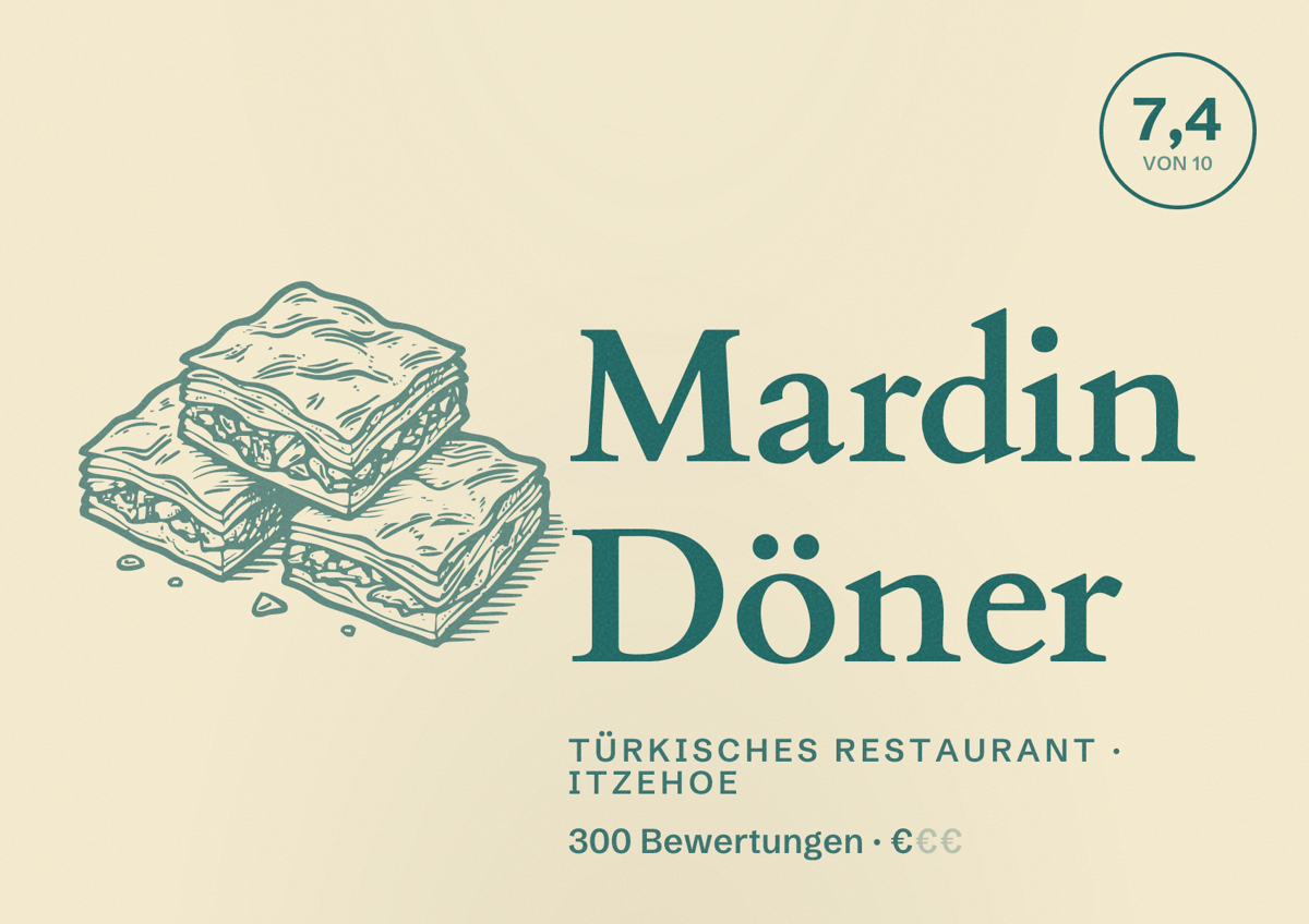 Illustriertes Poster von Mardin Döner, Türkisches Restaurant in Itzehoe: Bewertung 7,4 von 10 aus 300 Bewertungen, Preisniveau €