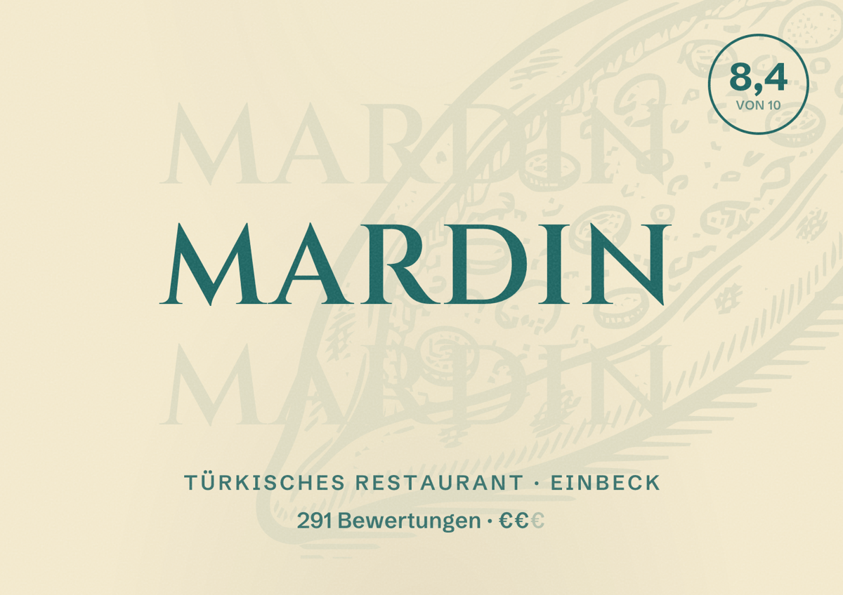 Illustriertes Poster von Mardin, Türkisches Restaurant in Einbeck: Bewertung 8,4 von 10 aus 291 Bewertungen, Preisniveau €€