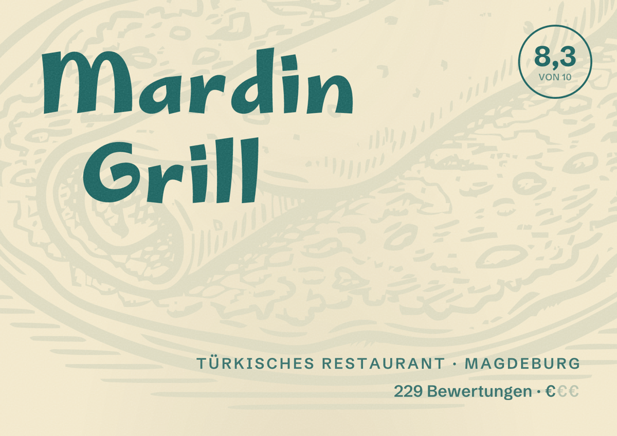 Illustriertes Poster von Mardin Grill, Türkisches Restaurant in Magdeburg: Bewertung 8,3 von 10 aus 229 Bewertungen, Preisniveau €